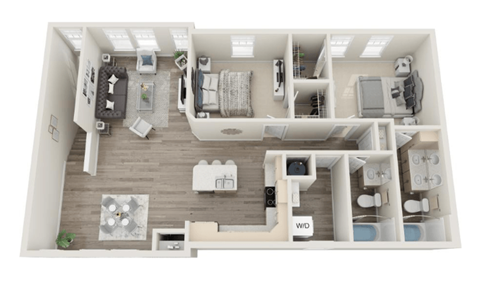 Floor plan for 2 beds, 2 baths, 1257 sqft